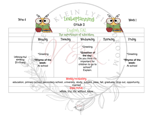 Grade 3 English FAL Planning and Activities Term 4 2023