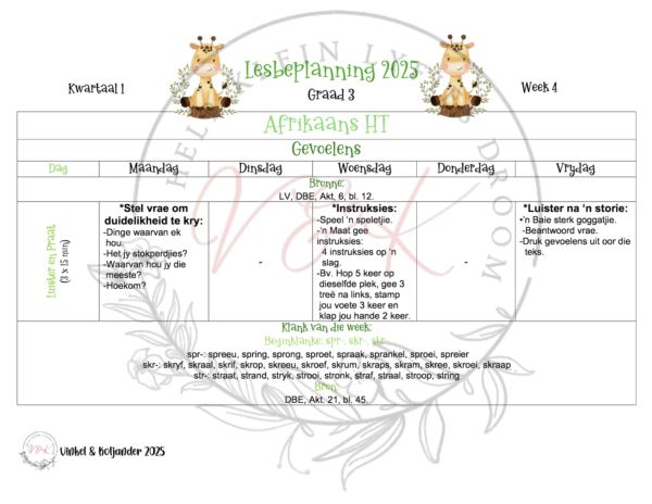 Graad 3 Afrikaans Huis Taal Lesbeplanning 2025