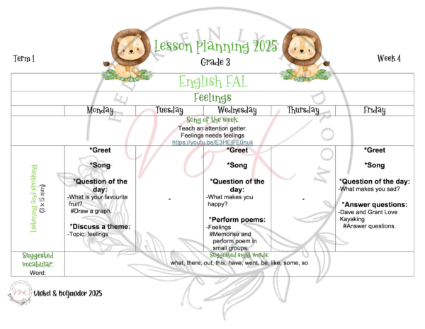 Grade 3 English First Additional Language Lesson Planning Activities and Resources Term 1 2025