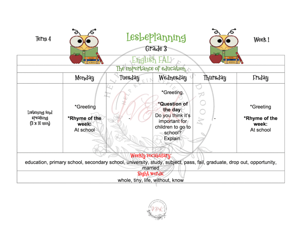 Grade 3 English FAL Planning and Activities Term 4 2023