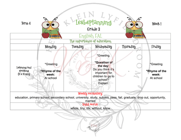 Grade 3 English FAL Planning and Activities Term 4 2023