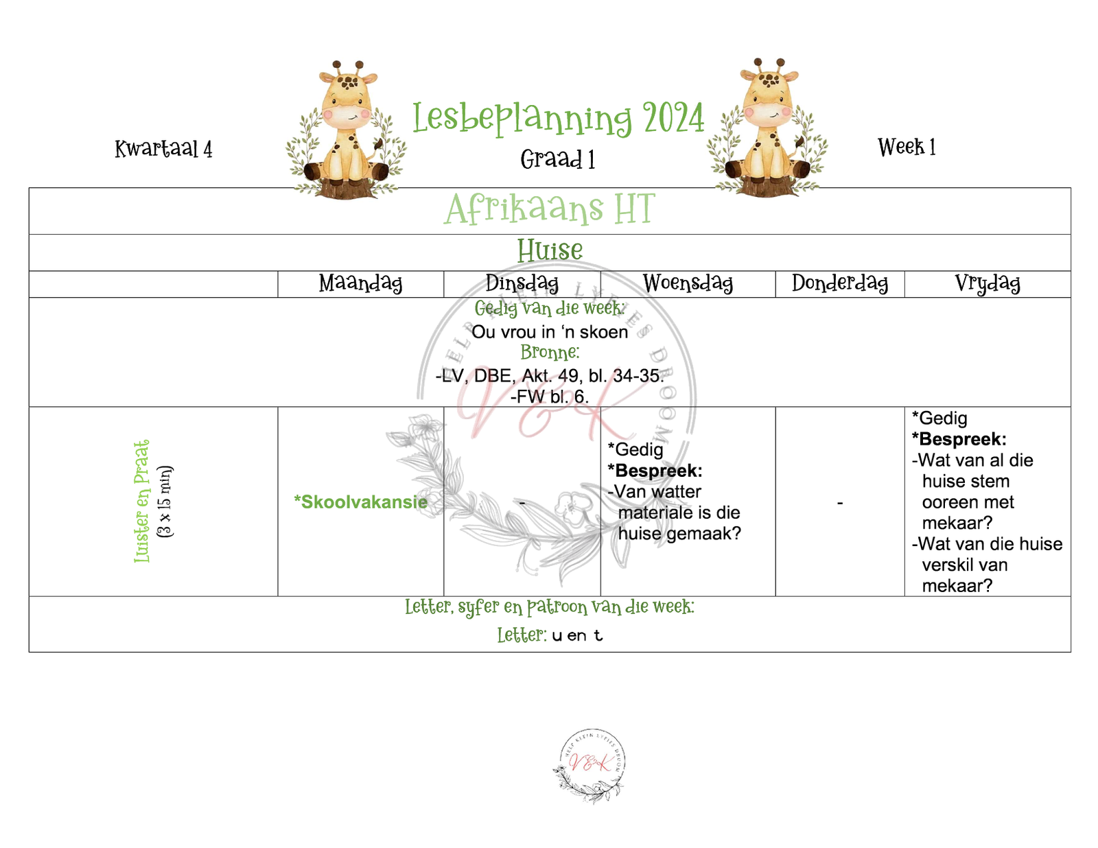 Graad 1 Afrikaans Huistaal Beplanning en Aktiwiteite Kwartaal 4 2024