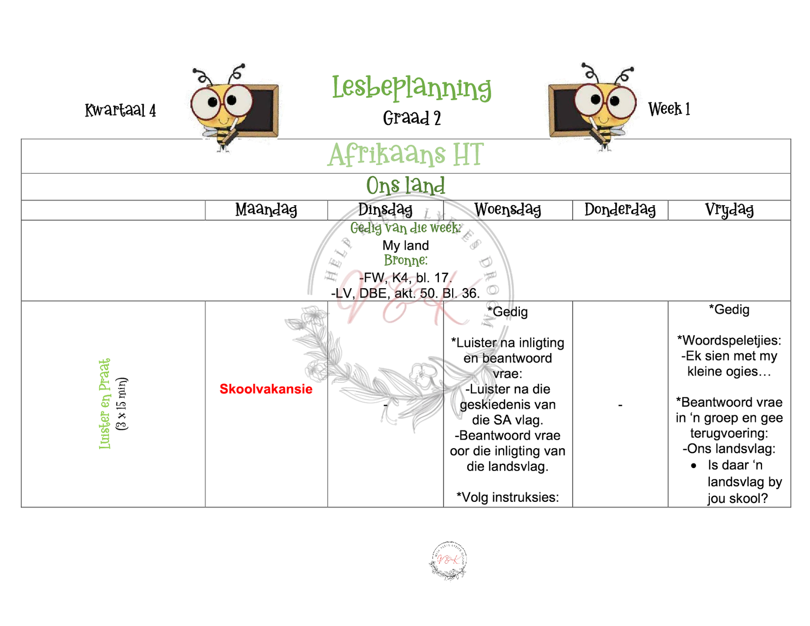 Graad 2 Afrikaans HT Beplanning en Aktiwiteite Kwartaal 4 2023