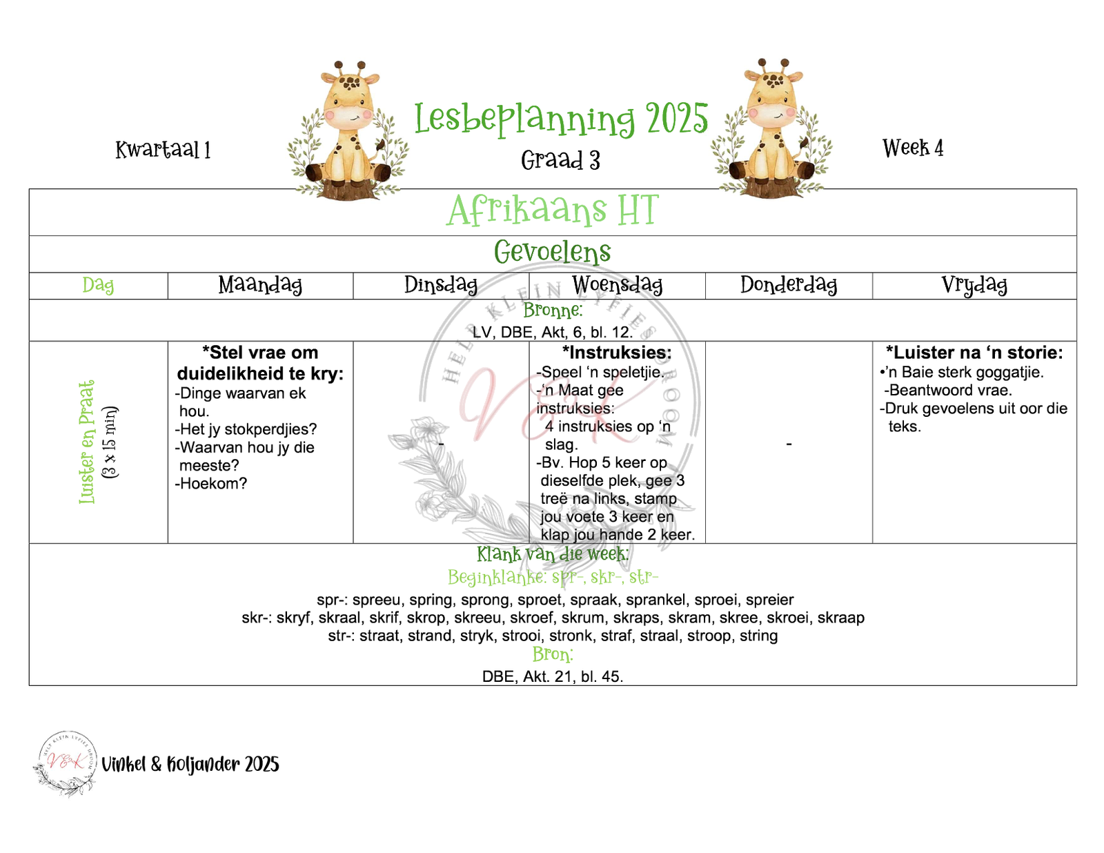 Graad 3 Afrikaans Huistaal Lesbeplanning 2025