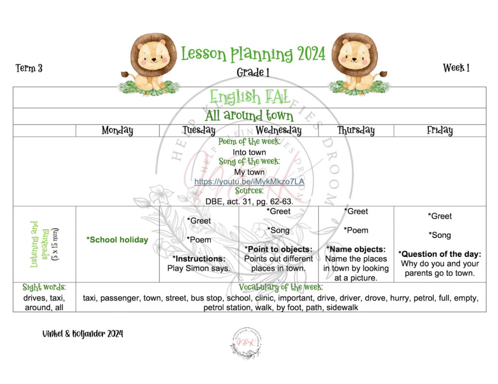 Grade 1 English FAL Lesson Planning and Activities Term 3 2024