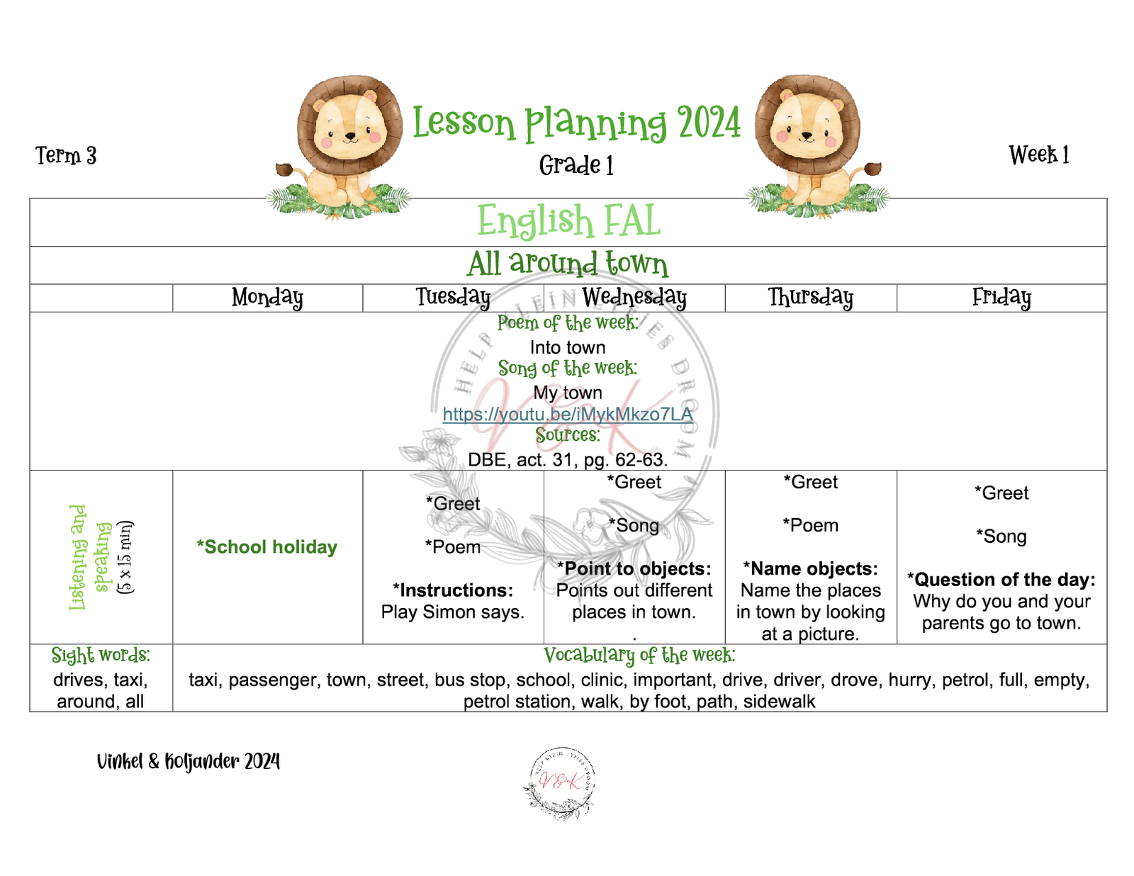 Grade 1 English FAL Lesson Planning and Activities Term 3 2024