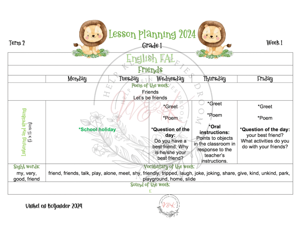 Grade 1 English FAL Planning and Activities Term 2 2024