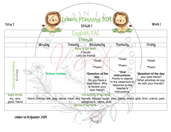 Grade 1 English FAL Planning and Activities Term 2 2024