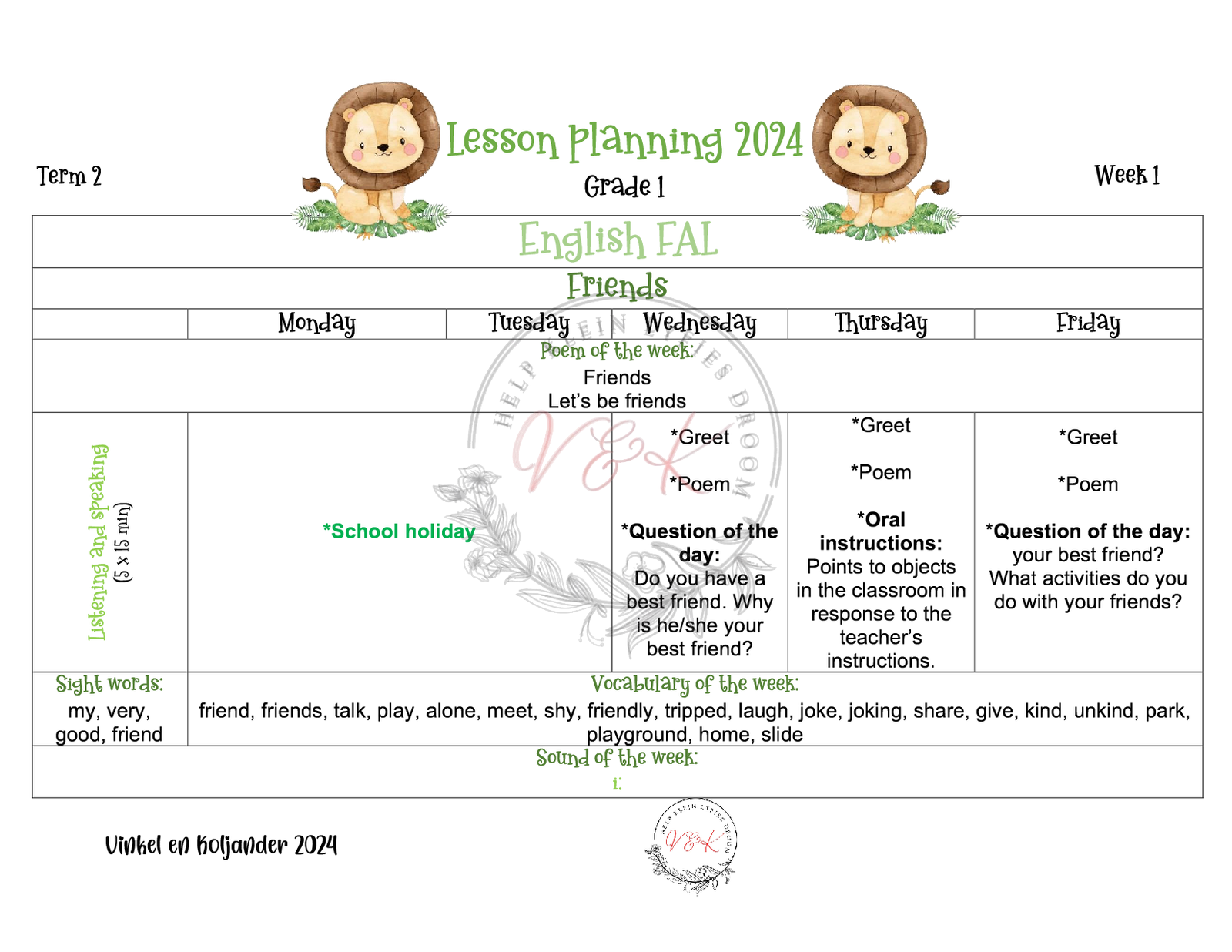 Grade 1 English FAL Planning and Activities Term 2 2024