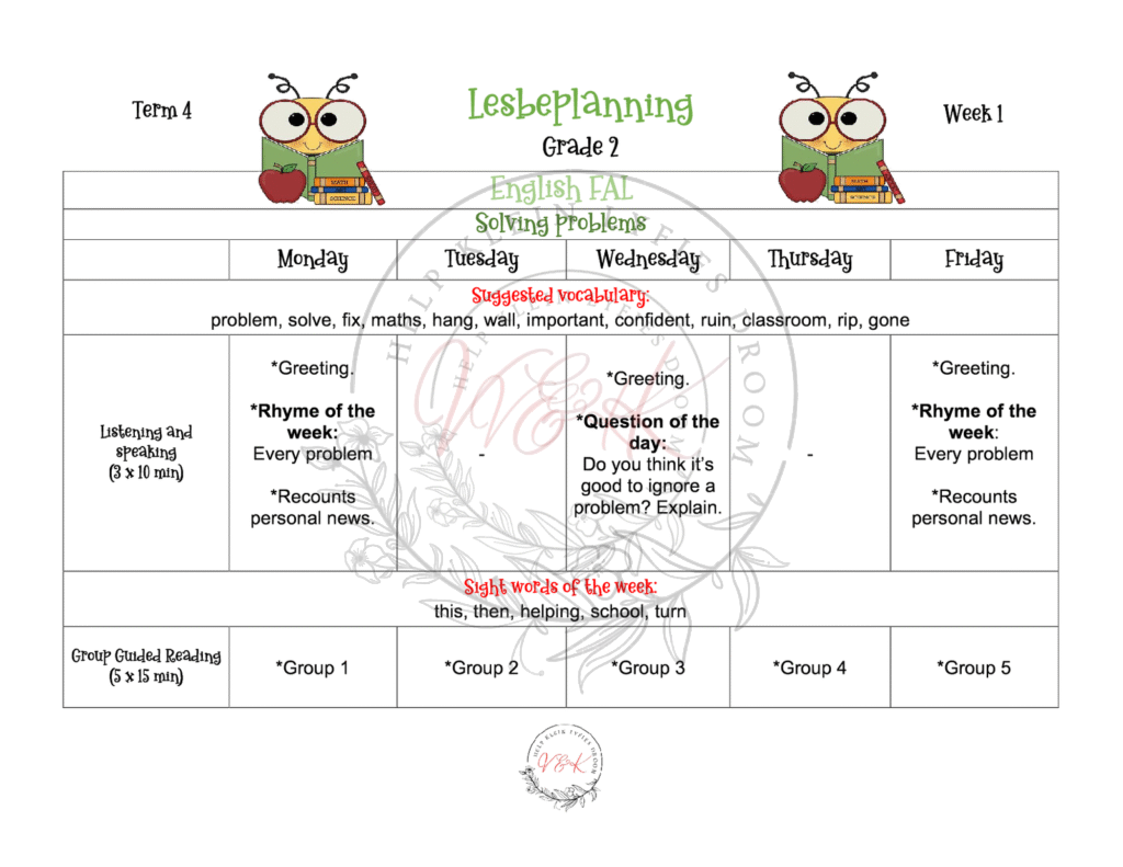 Grade 2 English FAL Planning and Activities Term 4 2023