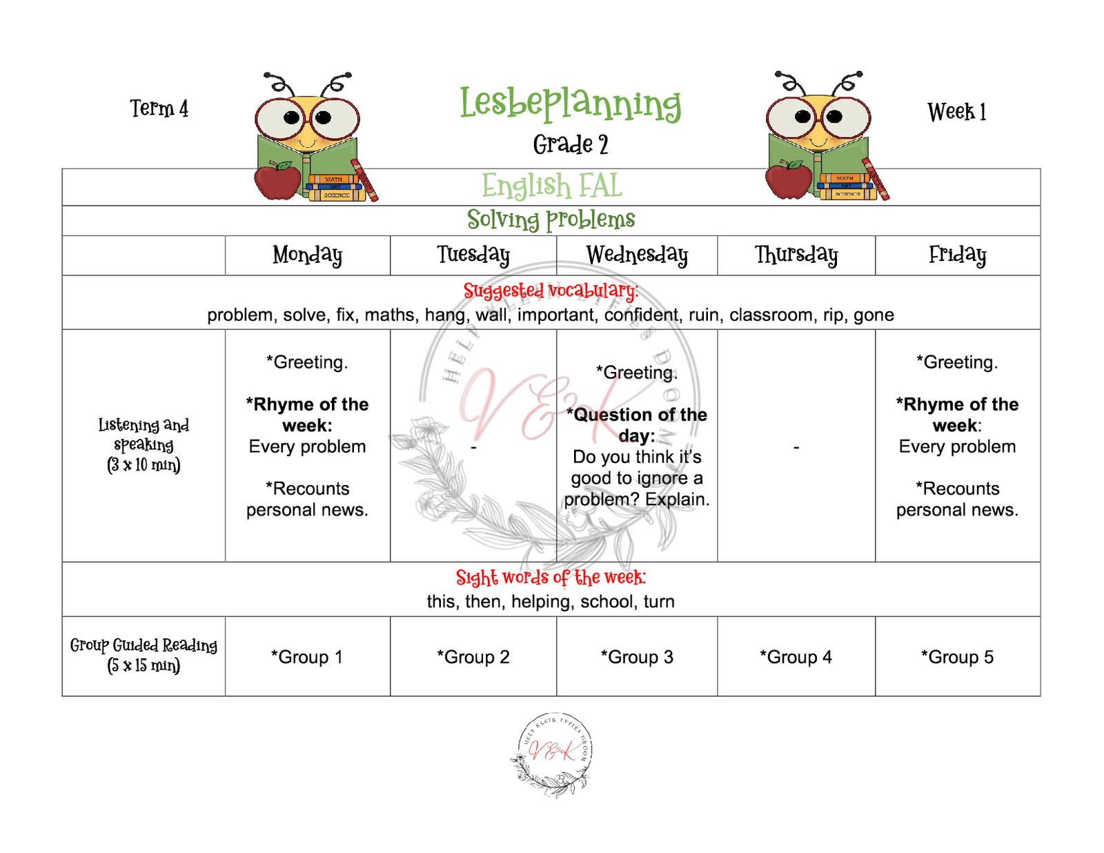 Grade 2 English FAL Planning and Activities Term 4 2023