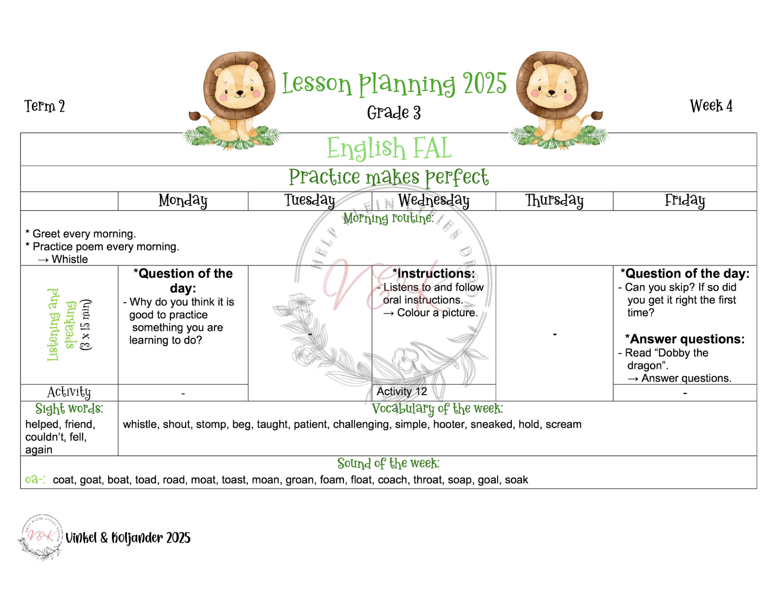 Grade 3 English First Additional Language Lesson Plan Package - Term 2 2025