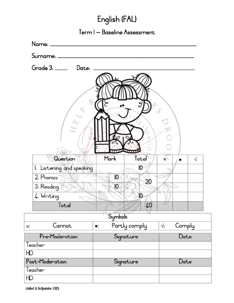 Grade 3 English First Additional Baseline Assessment Term 1 2025