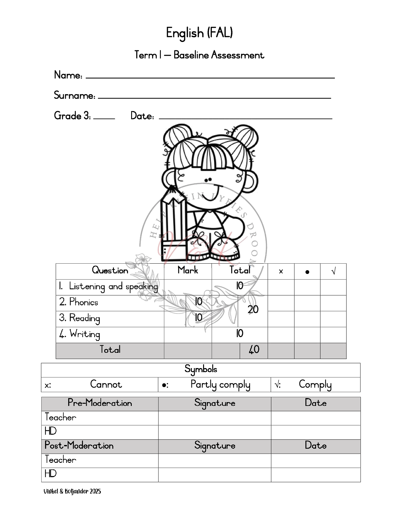 Grade 3 English First Additional Baseline Assessment Term 1 2025