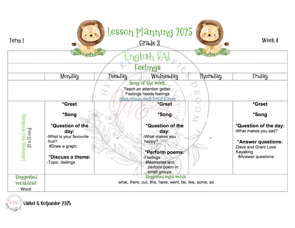 Grade 3 English First Additional Language Lesson Planning Activities and Resources Term 1 2025