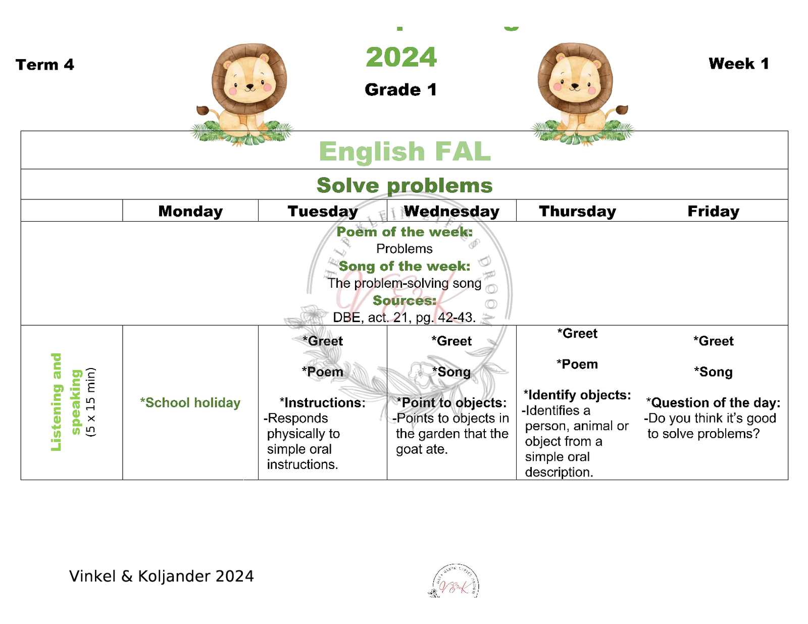 Grade 1 English First Additional Language Lesson Planning and Activities Term 4 2024