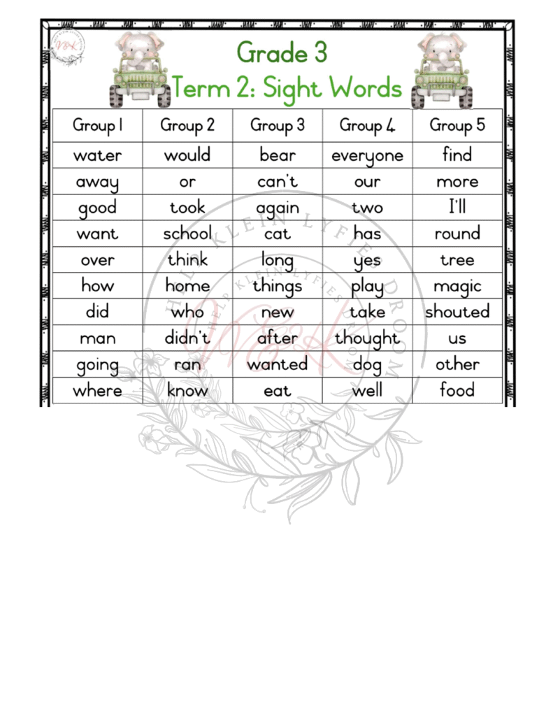 Grade 3 English First Additional Language Sight Words Term 2 2025