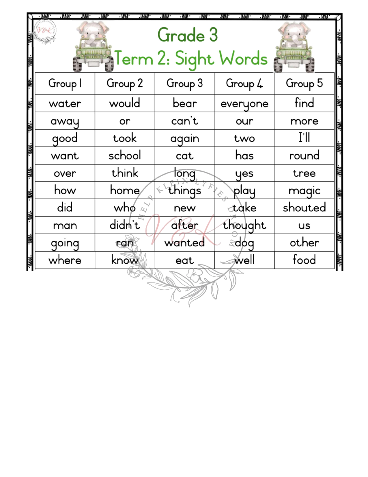 Grade 3 English First Additional Language Sight Words Term 2 2025