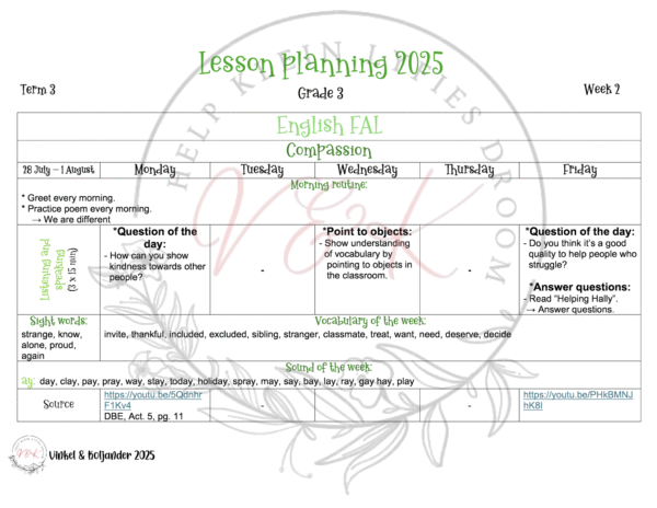 Grade 3 English First Additional Language Lesson Plans - Term 3 2025