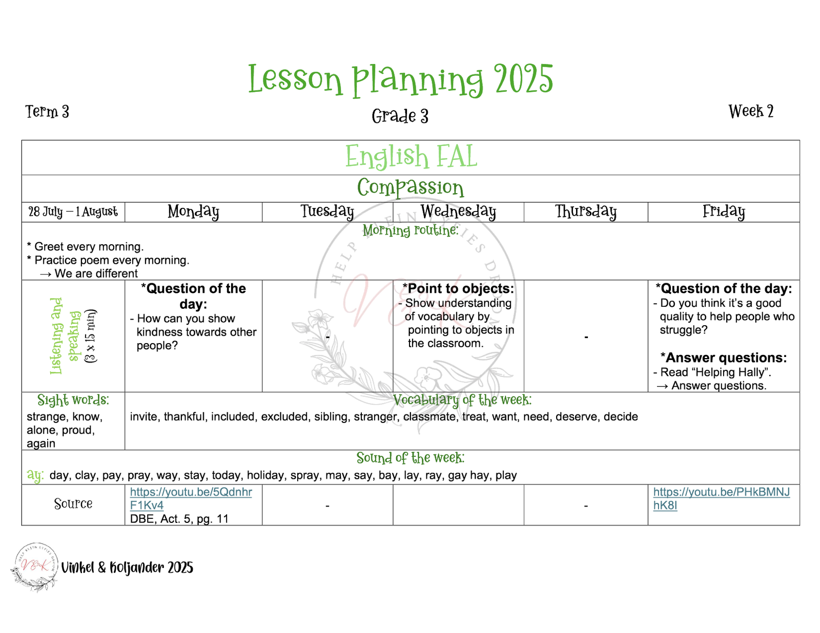 Grade 3 English First Additional Language Lesson Plan Package - Term 3 2025