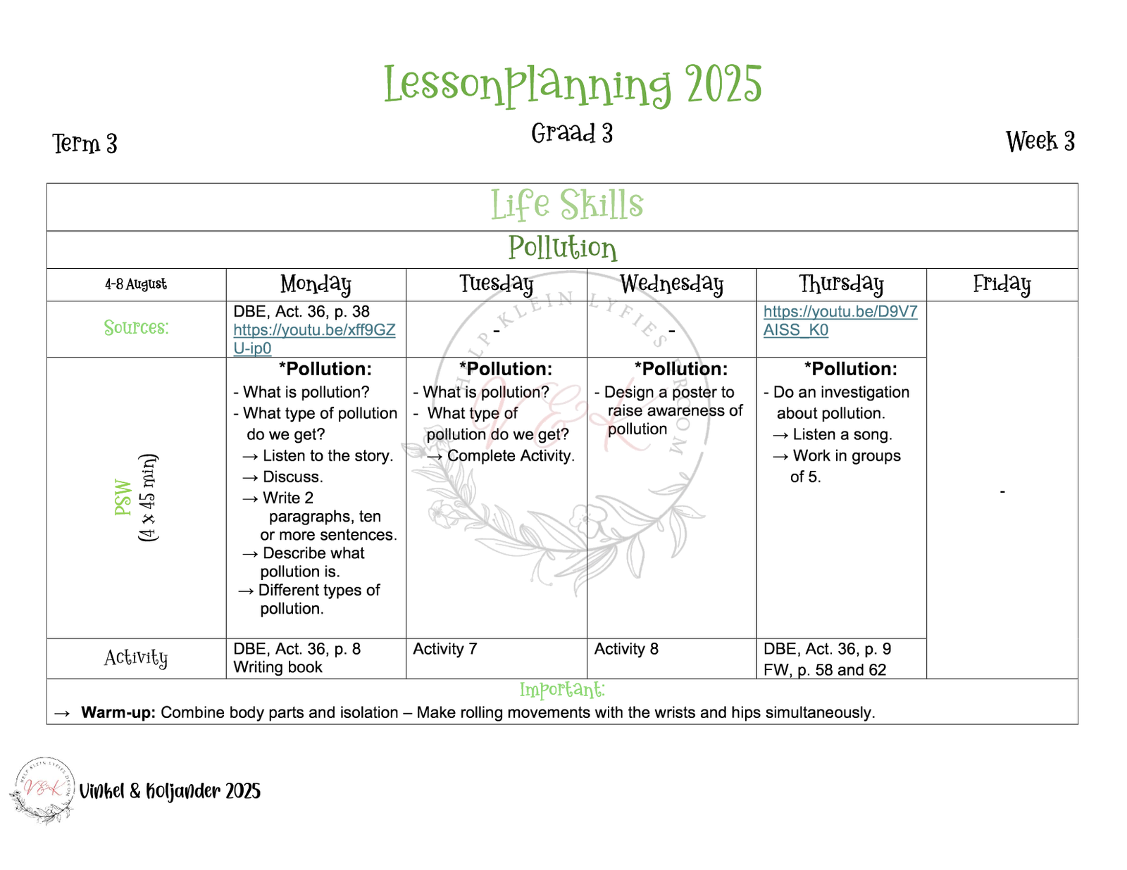 Gr. 3 Life Skills Lesson Planning - Term 3