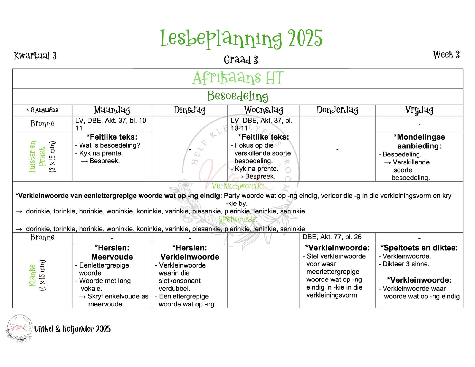Graad 3 Afrikaans Huistaal Lesbeplanning Pakket - Kwartaal 3 2025