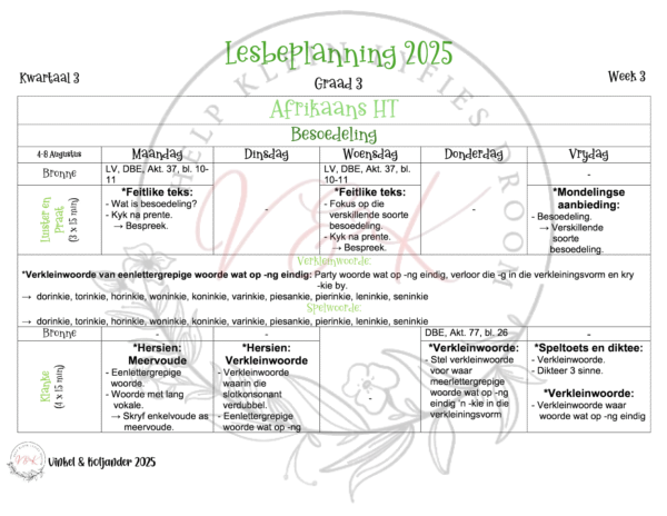 Graad 3 Afrikaans Huistaal Lesbeplanning Kwartaal 3 2025