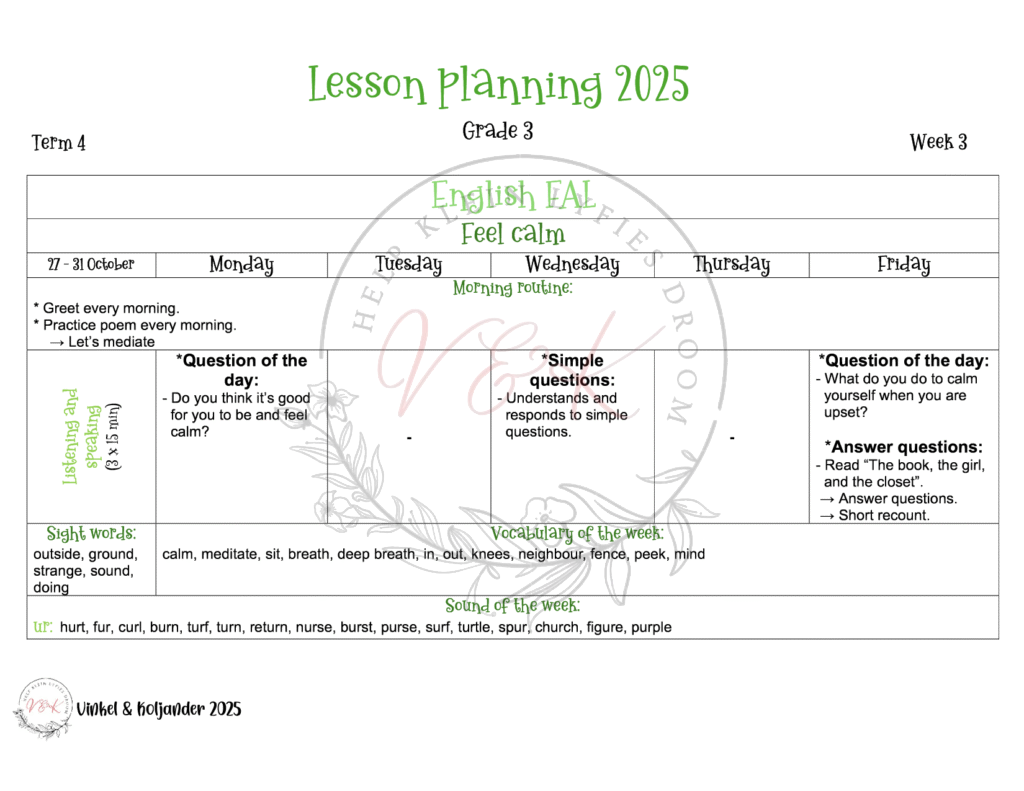 Grade 3 English First Additional Language Lesson Planning Package - Term 4