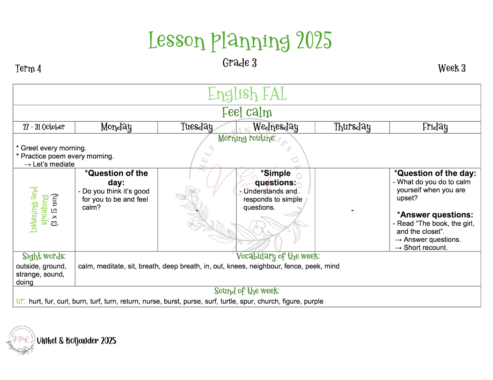 Grade 3 English First Additional Language Lesson Planning Package - Term 4