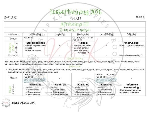 Graad 2 Afrikaans Huistaal Lesbeplanning  - Kwartaal 1 2026