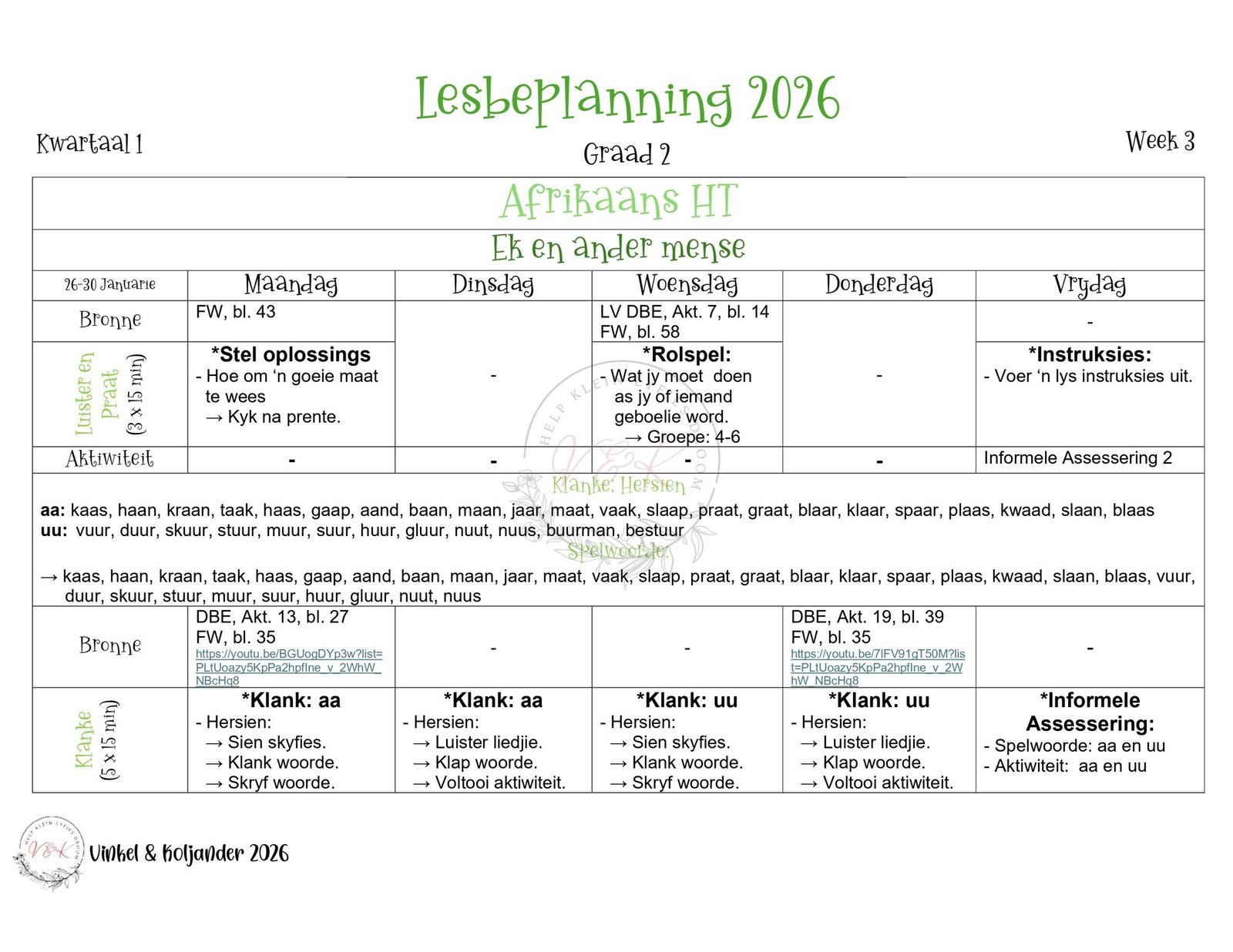 Graad 2 Afrikaans Huistaal Lesbeplanning - Kwartaal 1 2026