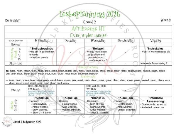 Graad 2 Afrikaans Huistaal Lesbeplanning Pakket - Kwartaal 1 2026
