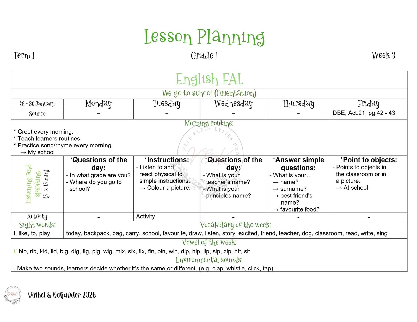 Graad 1 Englisg First Additional Language Lesson Planning - Term 1 2026
