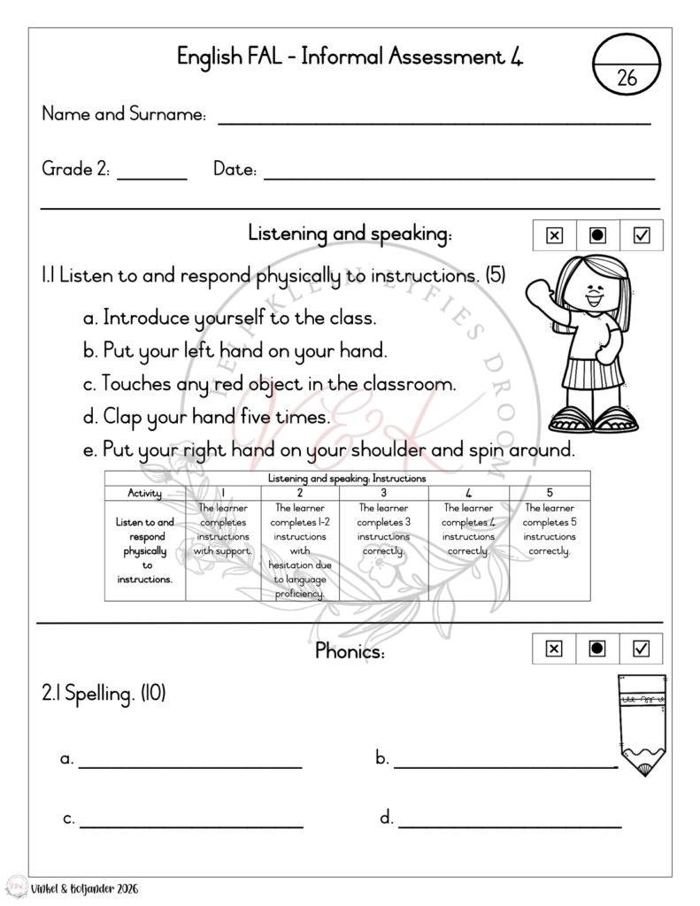 Grade 2 English First Additional Language Informal Assessment - Term 1 2026