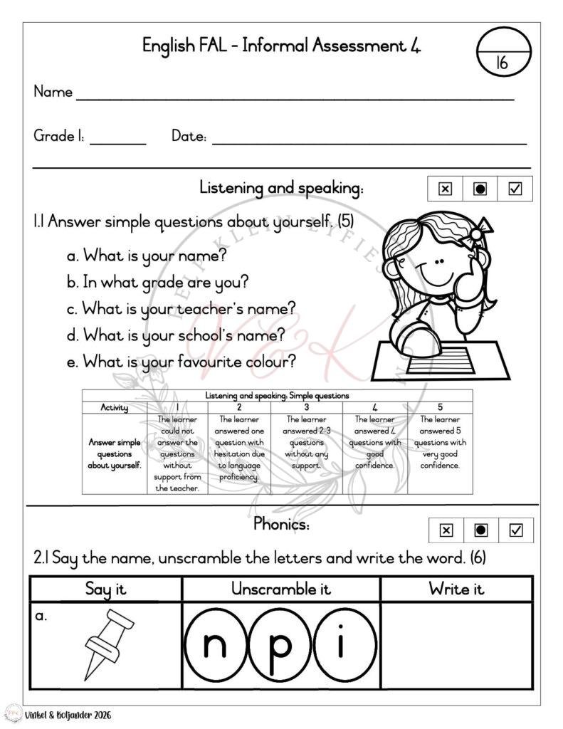 Grade 1 English First Additional Language Informal Assessment - Term 1 2026