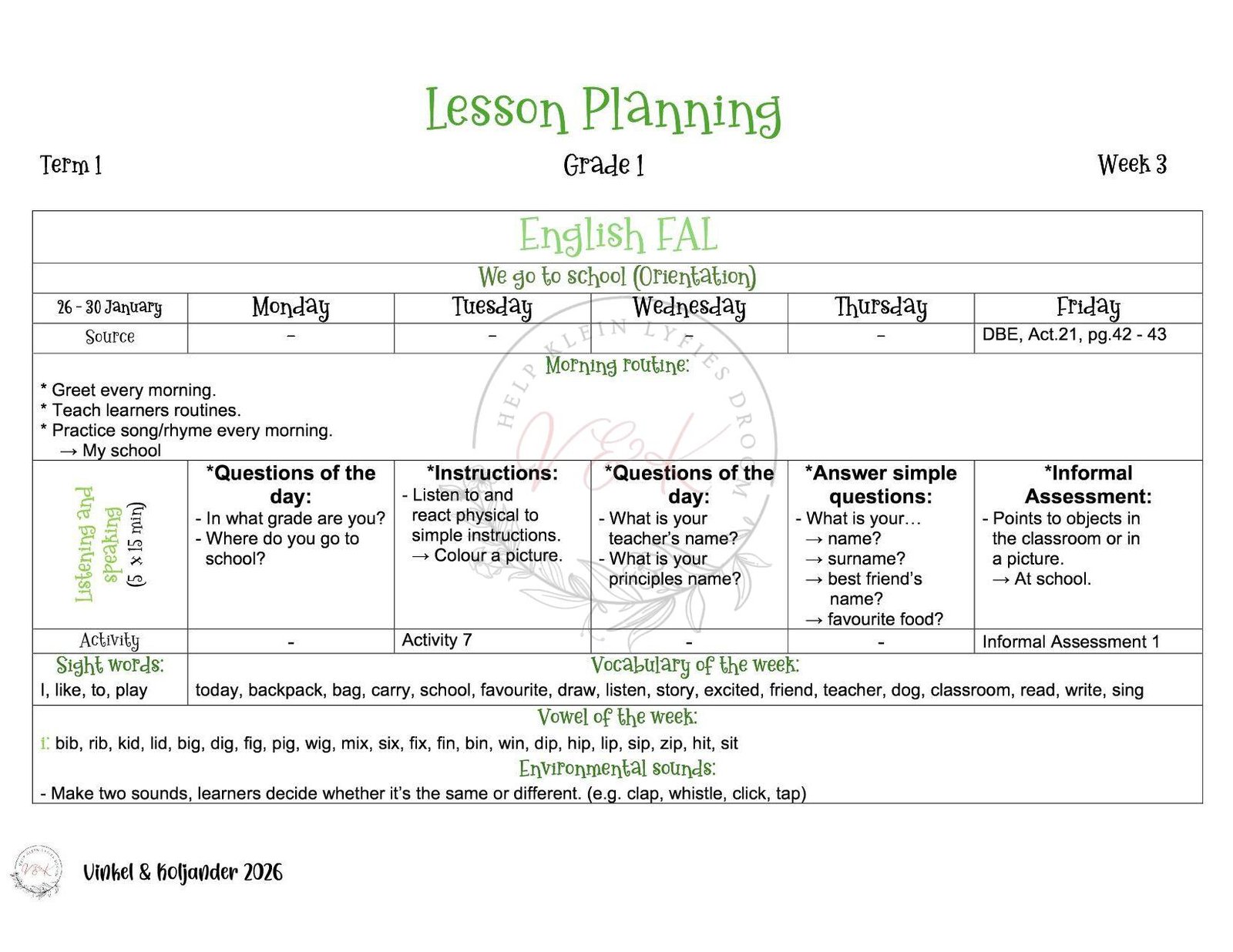 Grade 1 English First Additional Language Lesson Planning Package - Term 1 2026