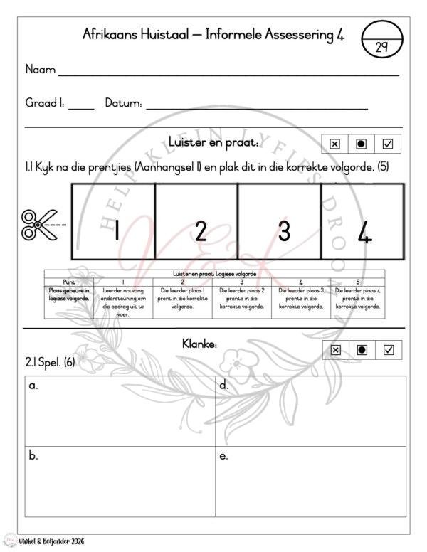 Graad 1 Afrikaans Huistaal Informele Assesserings - Kwartaal 1 2026