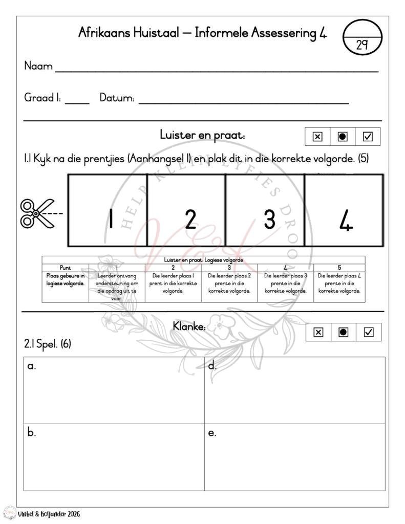 Graad 1 Afrikaans Huistaal Informele Assesserings - Kwartaal 1 2026