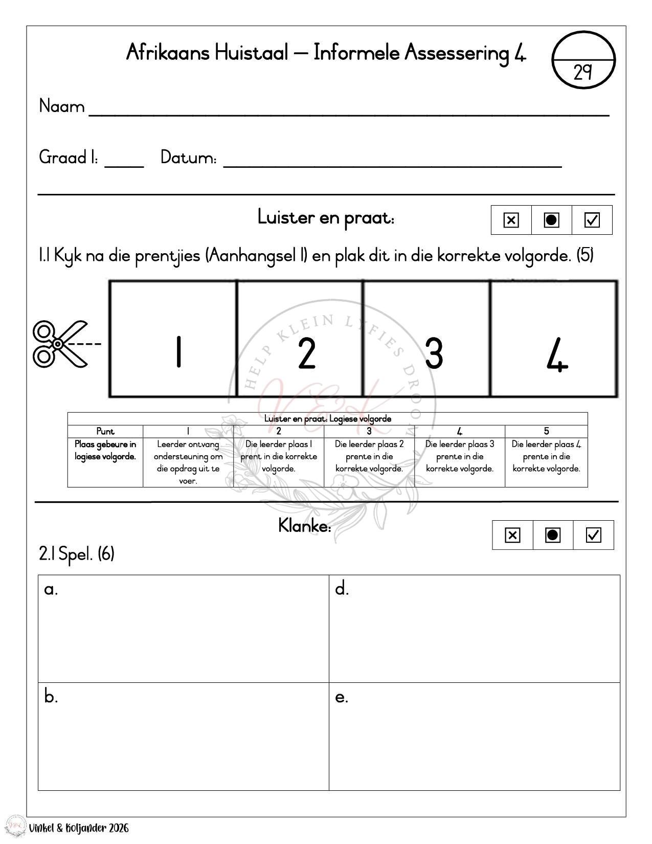 Graad 1 Afrikaans Huistaal Informele Assesserings - Kwartaal 1 2026
