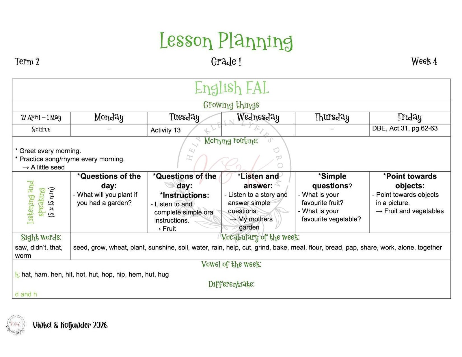 Grade 1 English First Additional Language Lesson Planning Package - Term 2 2026