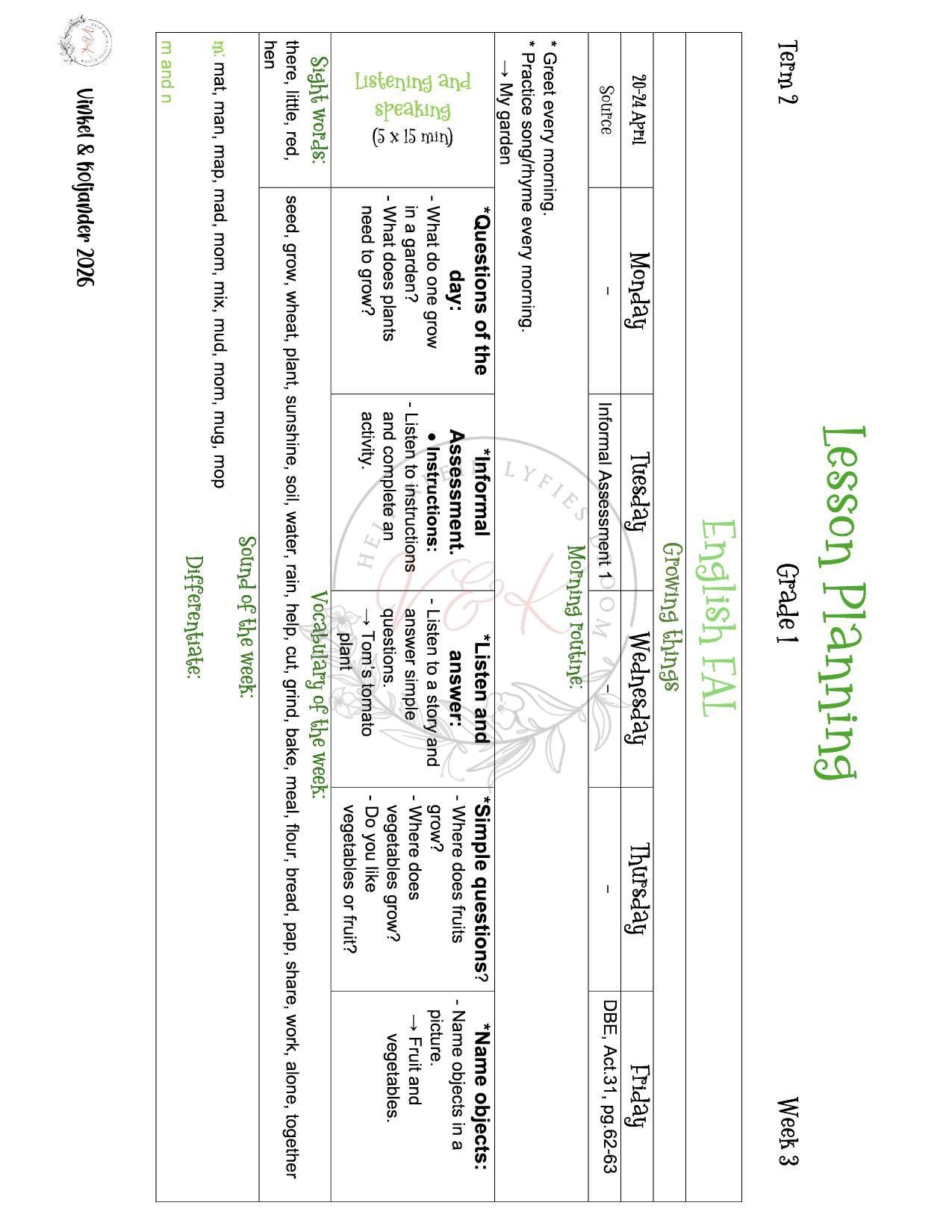 Grade 1 English First Additional Language Lesson Planning - Term 2 2026