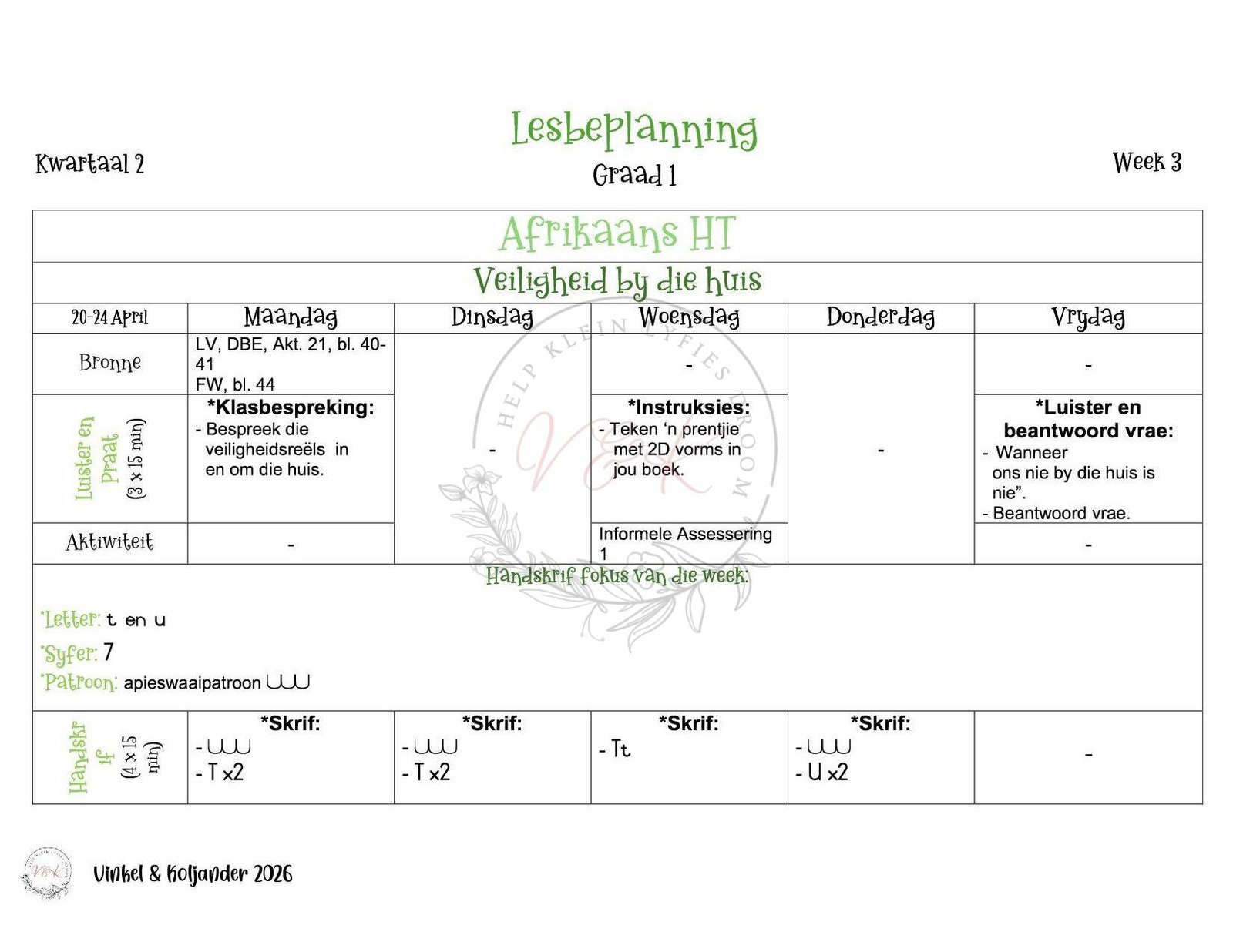 Graad 1 Afrikaans Huistaal Lesbeplanning - Kwartaal 2 2026