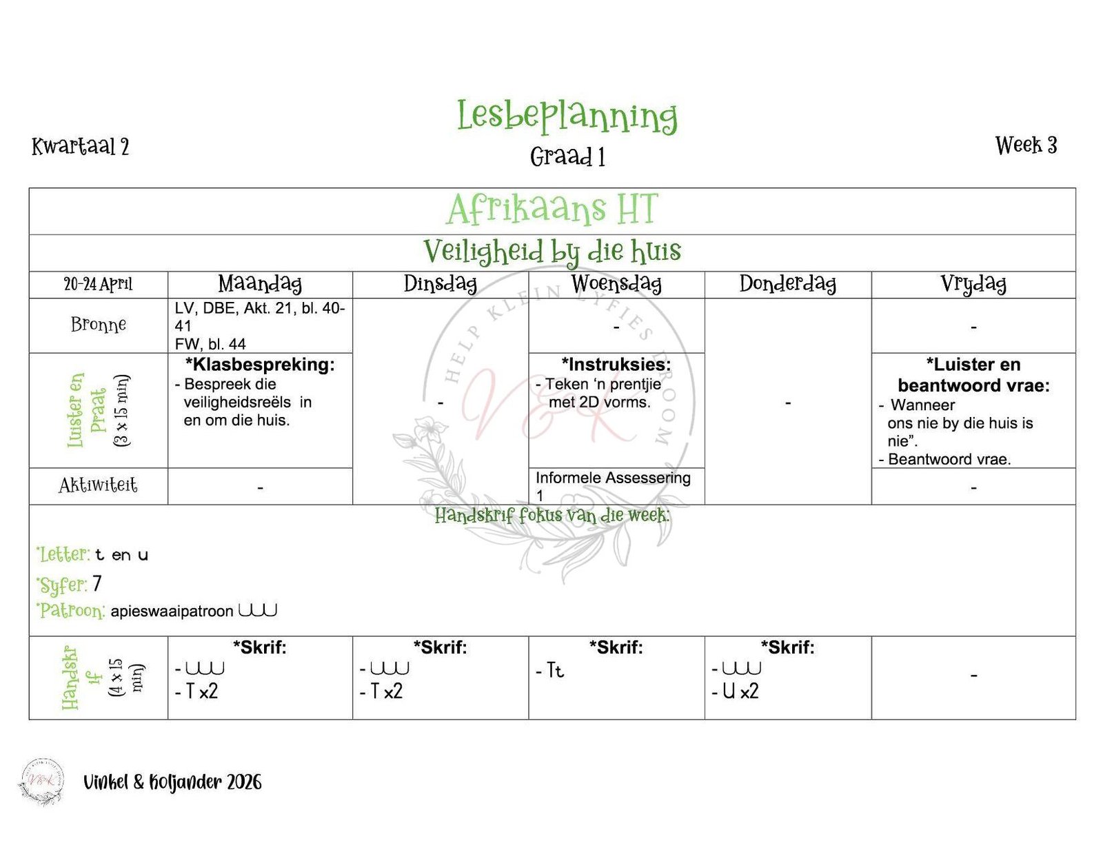 Graad 1 Afrikaans Huistaal Lesbeplannings Pakket - Kwartaal 2 2026