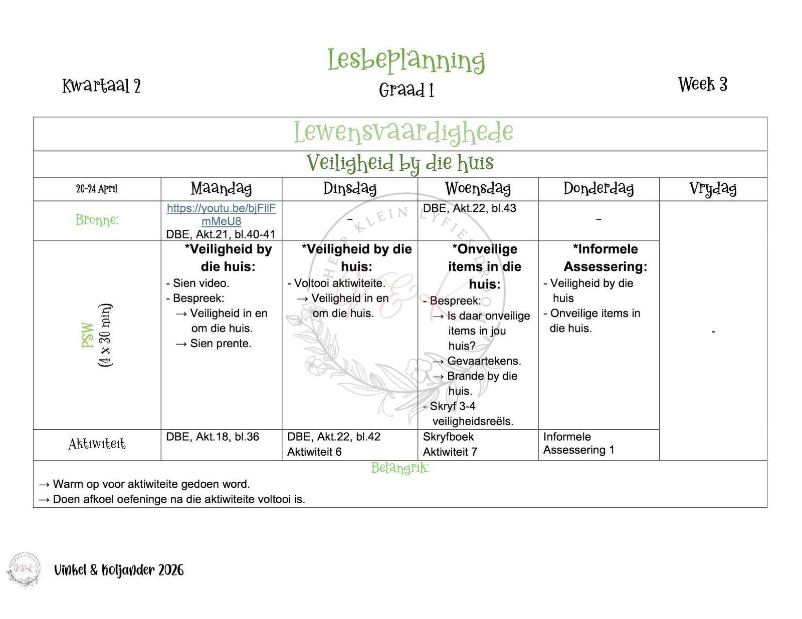 Graad 1 Lewensvaardigheid Lesbeplanning - Kwartaal 2 2026