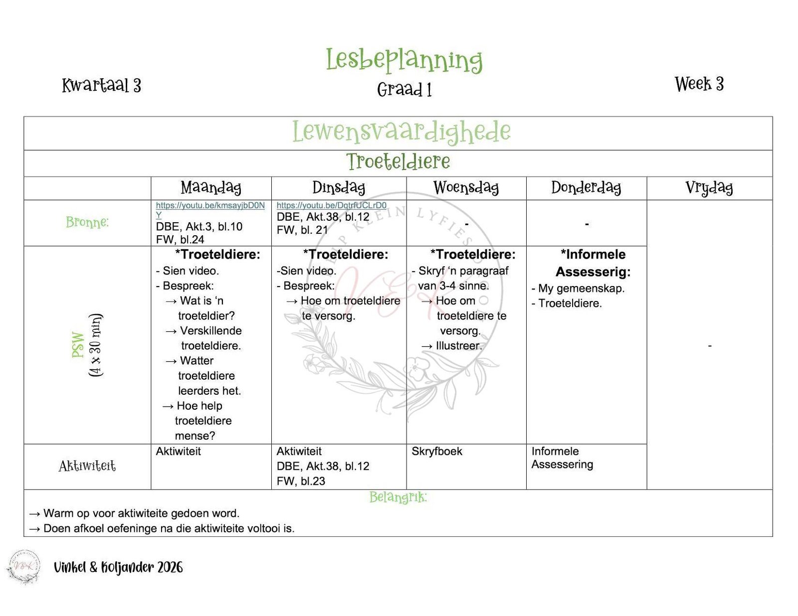 Graad 1 Lewensvaardigheid Lesbeplanning - Kwartaal 3 2026