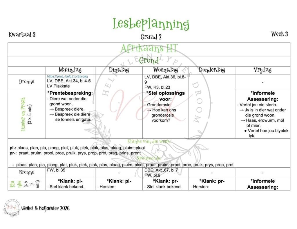 Graad 2 Afrikaans Huistaal Lesbeplanning - Kwartaal 3 2026
