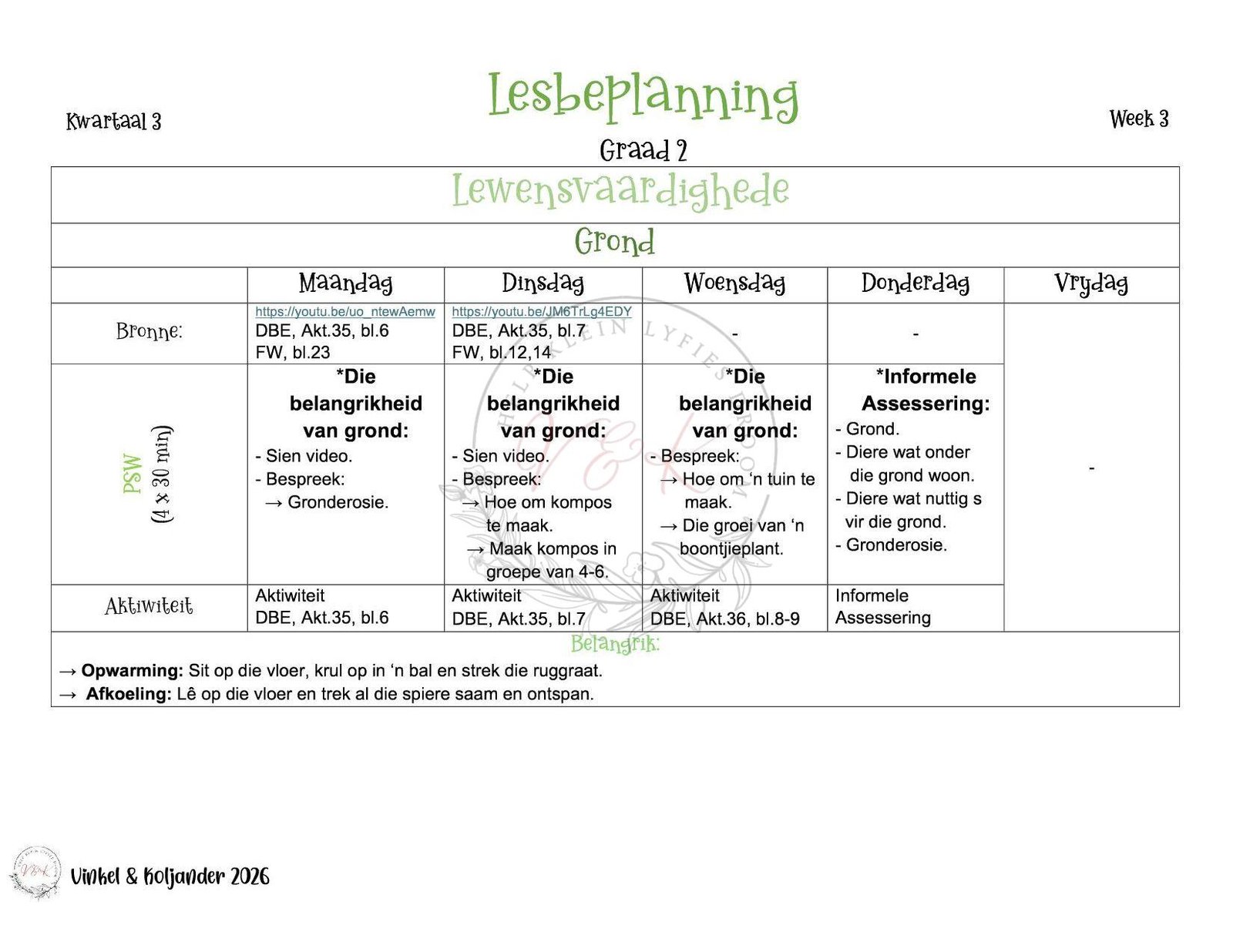 Graad 2 Lewensvaardigheid Lesbeplanning - Kwartaal 3 2026