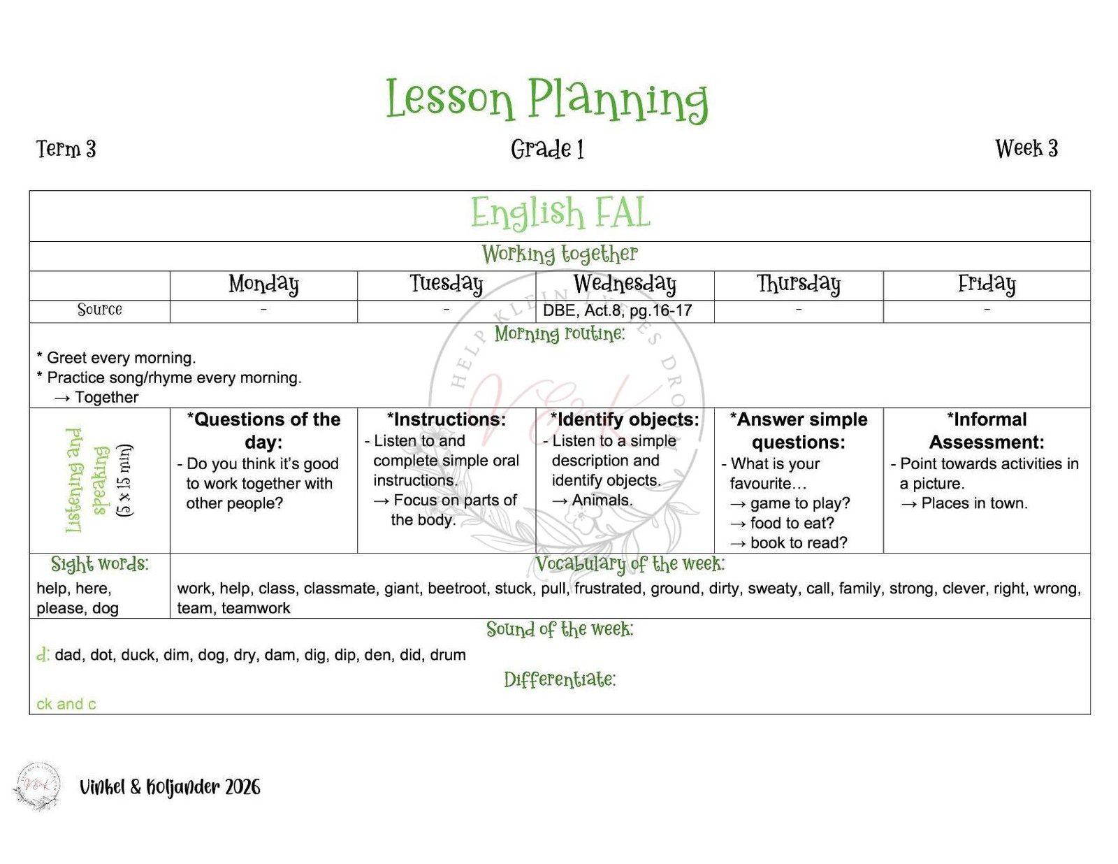 Grade 1 English First Additional Language Lesson Planning - Term 3 2026